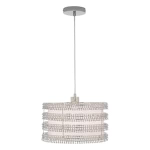 Rosalie 13.375 in. Silver-Finished Pendant Light with White Fabric and Silver Charms Drum Shade