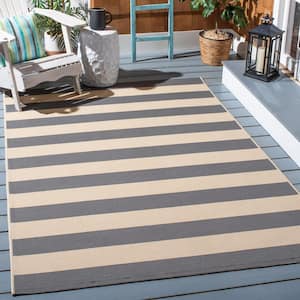 Courtyard Beige/Gray Doormat 2 ft. x 4 ft. Awning Stripe Indoor/Outdoor Area Rug