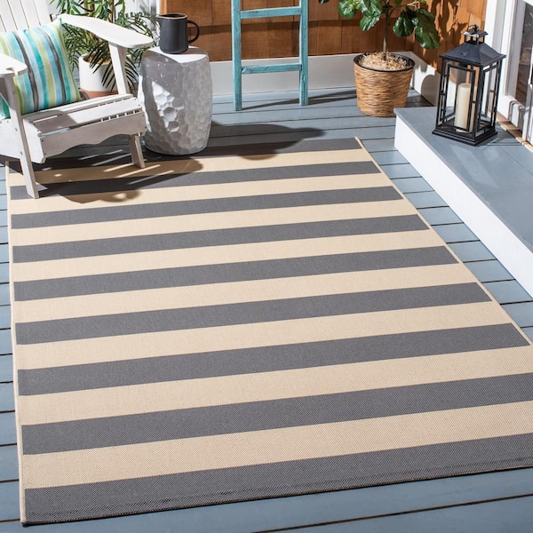 Courtyard Beige/Gray 7 ft. x 7 ft. Awning Stripe Indoor/Outdoor Square Area Rug