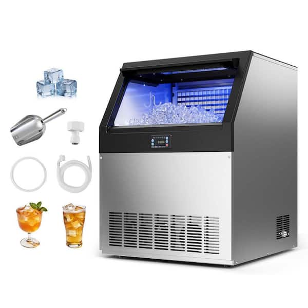 Commercial Ice Maker 440 lbs./24H Ice Machine 24.53 In. Freestanding Full Size Cubes 85 lbs. Storage Capacity Silver