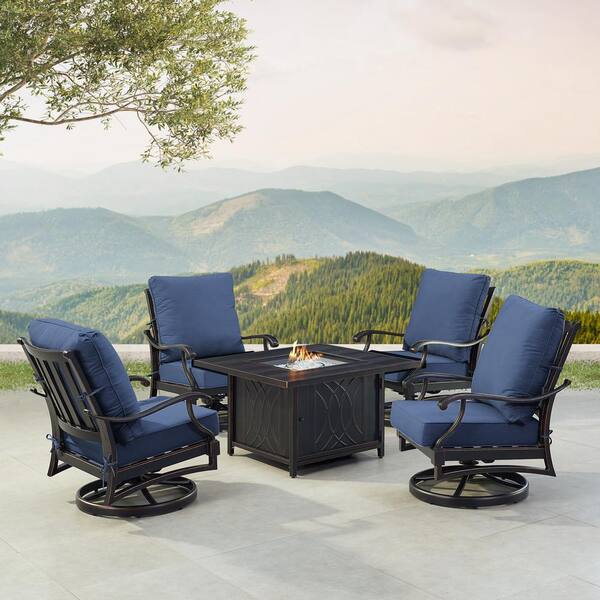 Oakland Living Black 5-Piece Aluminum Patio Fire Table Set with Blue Cushions