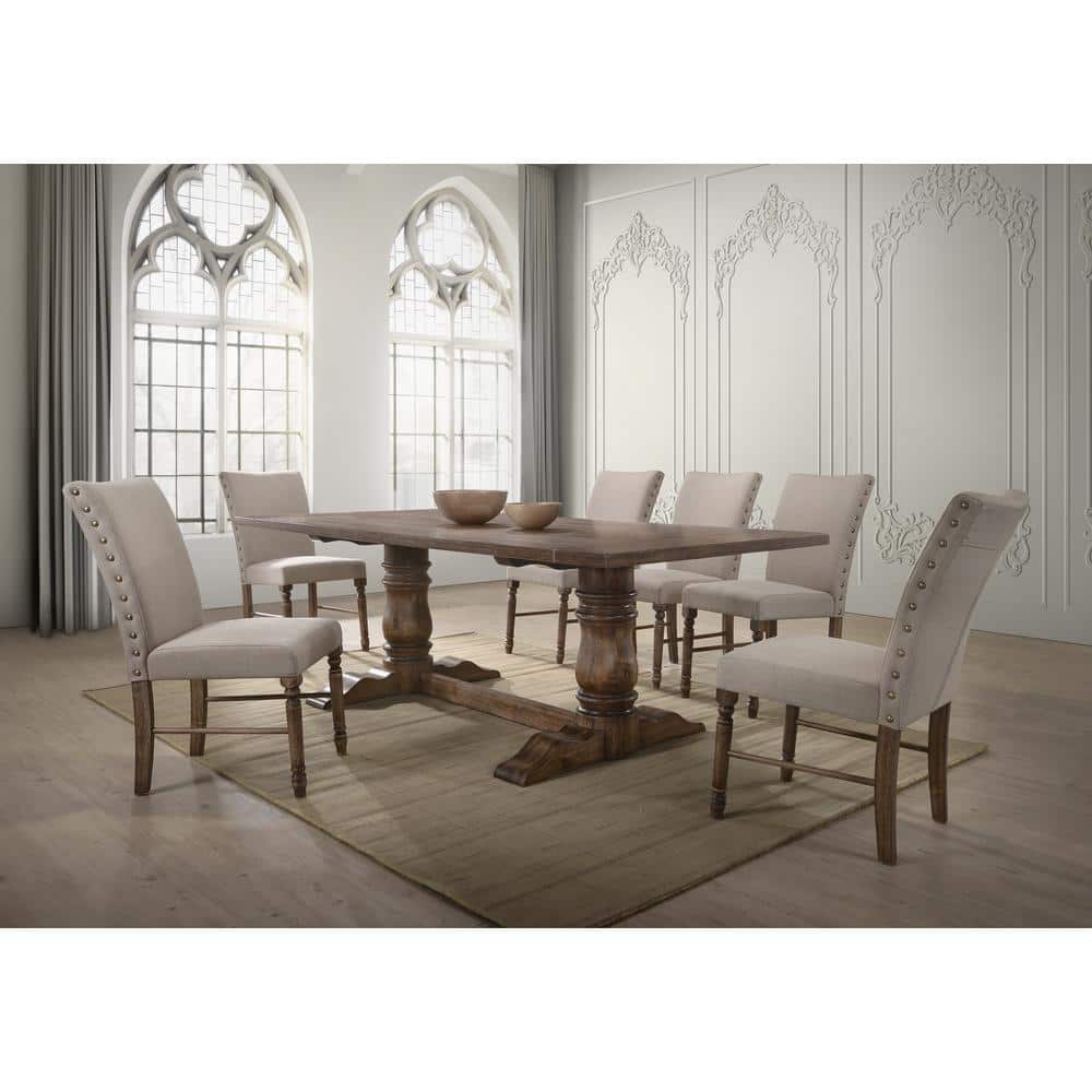 Antique Natural Oak 7-Piece Solid Wood Dining Set with Upholstered Chairs