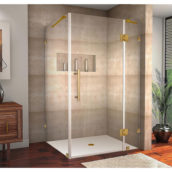 Aston Avalux 52 in. x 34 in. x 72 in. Rectangular Pivot Frameless Corner Shower Enclosure in Brushed Gold with Clear Glass