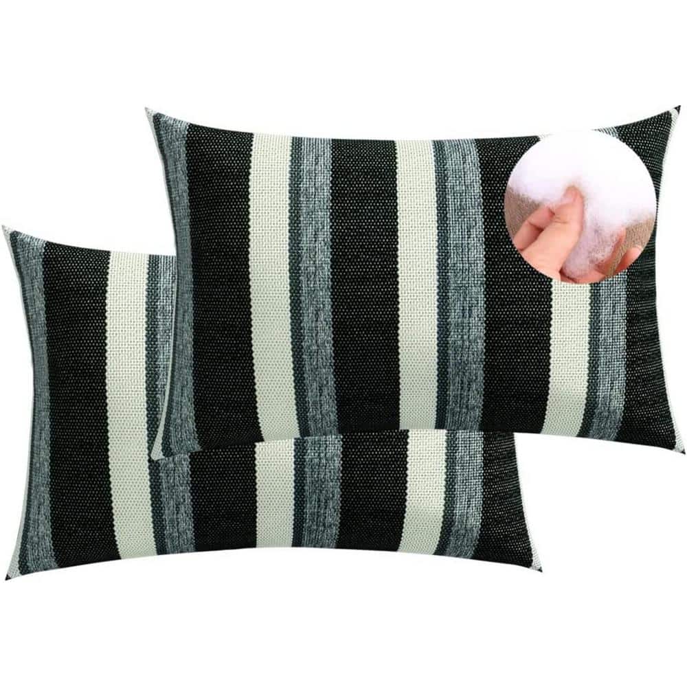 Black Outdoor Indoor Lumbar Pillow Stripes 12 in. x 20 in. Waterproof Throw