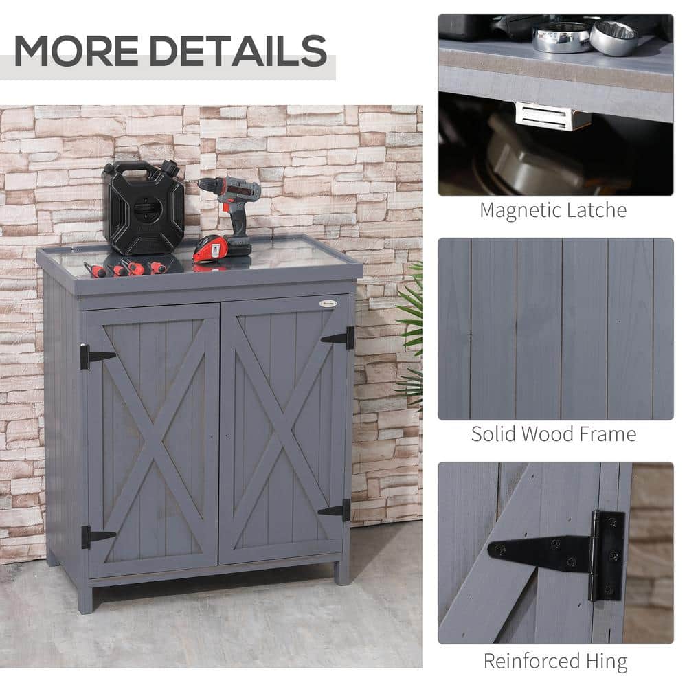 Gray Wooden Outdoor Storage Cabinet with Galvanized Top and Shelves