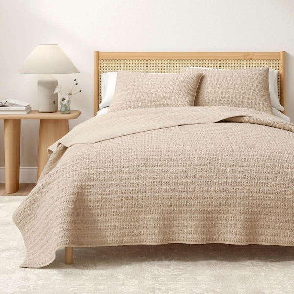 100% Cotton Garment Washed Honeycomb Waffle Quilt and Sham Set, King, Cappuccino