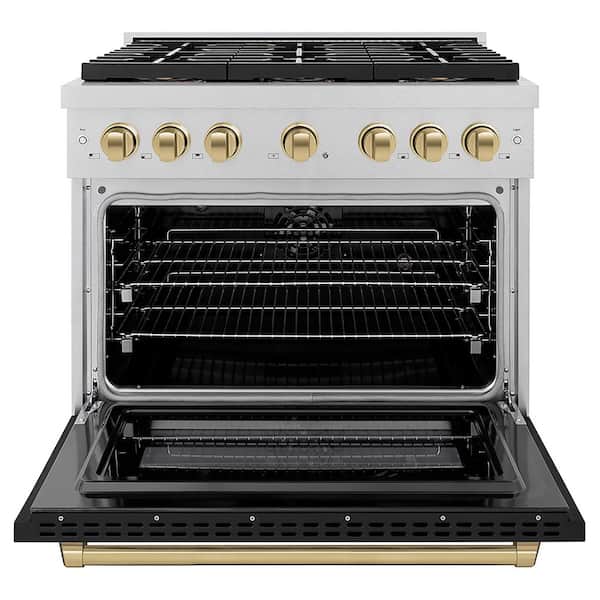 Autograph 36 in. 5.2 cu. ft. Dual Fuel Range with 6 Burner Cooktop in Satin Stainless Steel with Black and Champagne