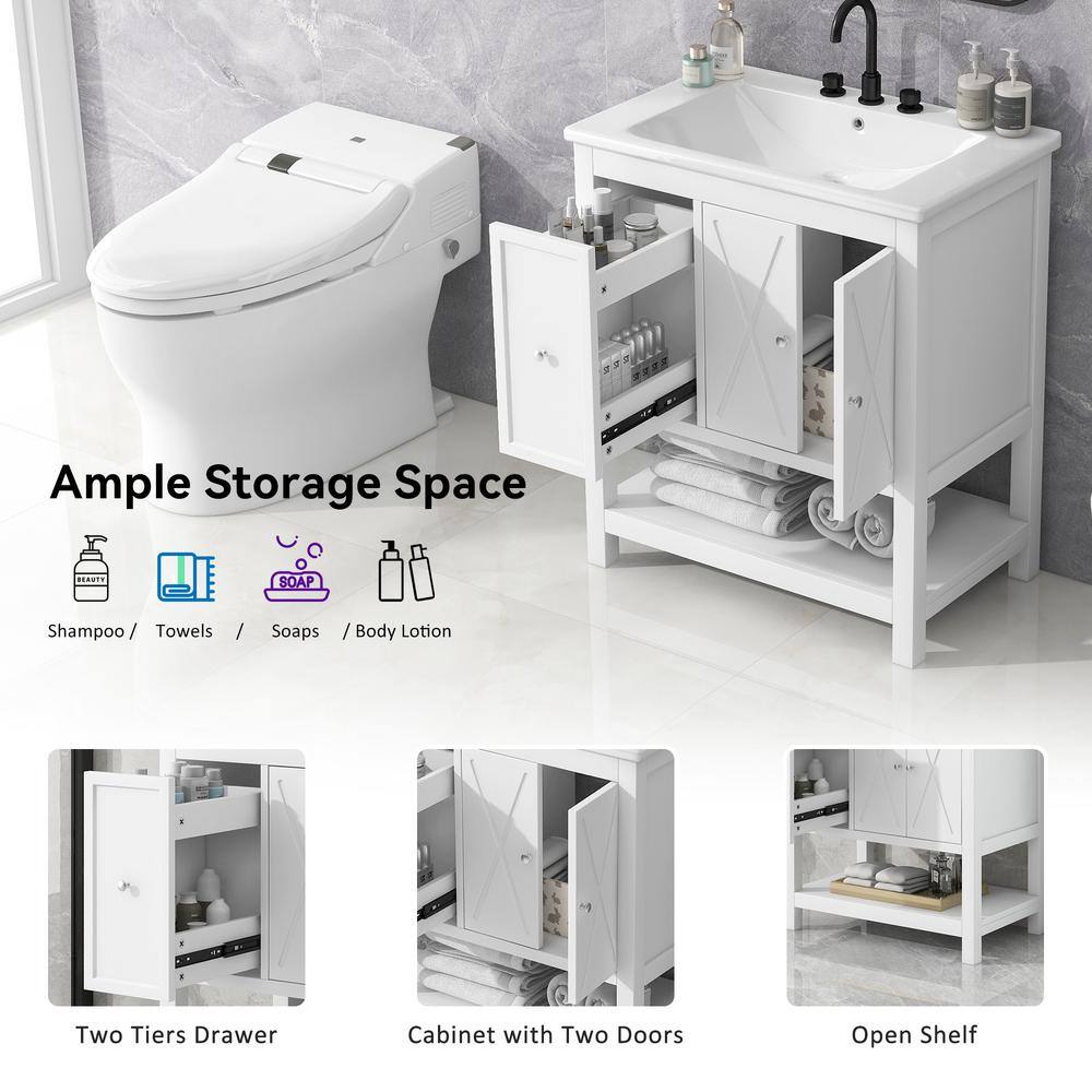White Ceramic Top Single Sink Freestanding Bathroom Vanity