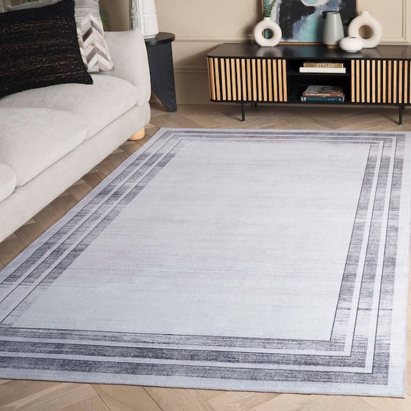 Malibu Light Gray/Gray 9 ft. x 12 ft. Machine Washable Border Striped Area Rug