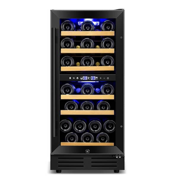 15 in. Dual Zone 30-Bottle Reversible Door Wine Cooler in Black with 3 Removable Beechwood Shelves Auto Blue Lighting