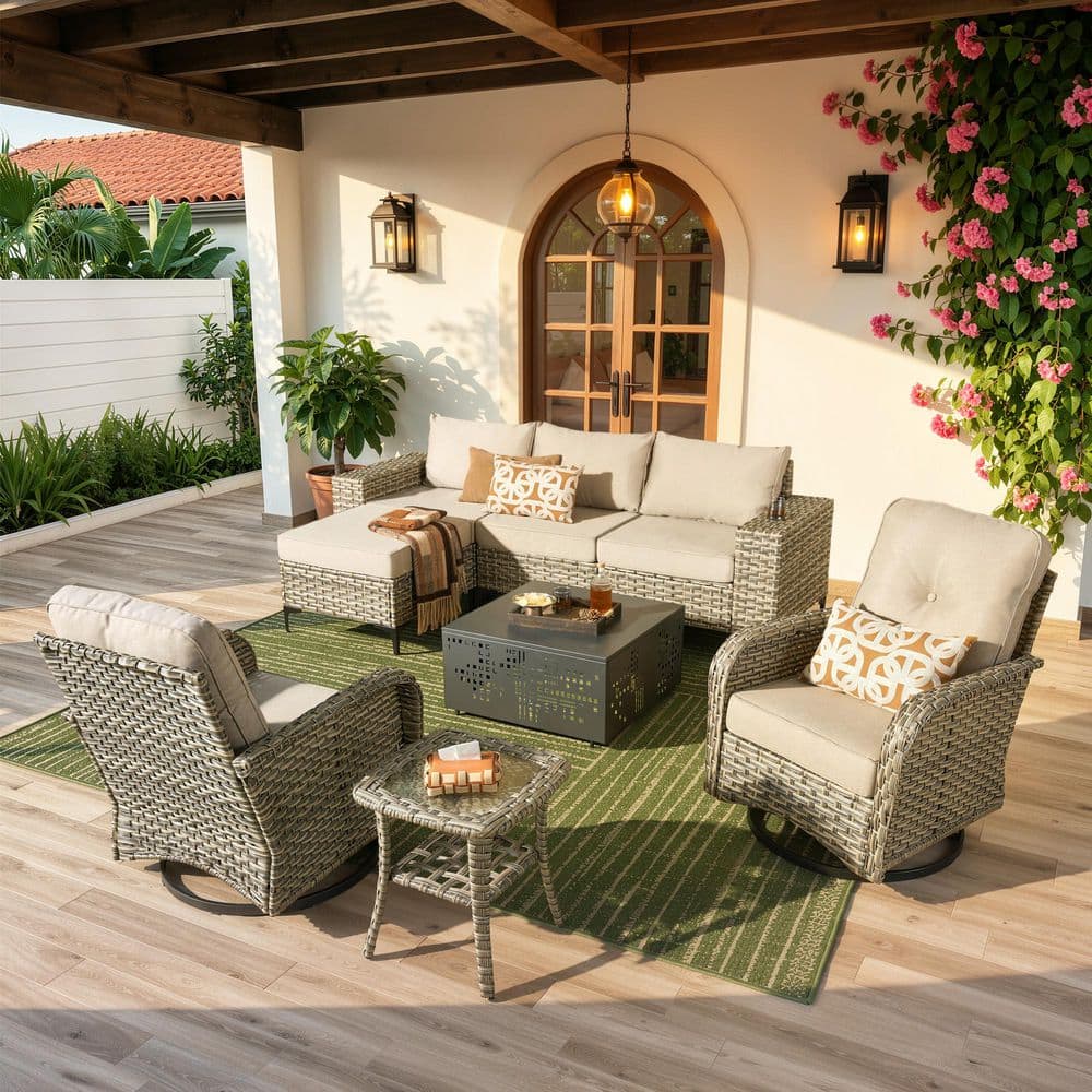Vero 8-Piece Wicker Outdoor Patio Conversation Sectional Set with Swivel Chairs and Beige Cushions price history on PriceWatchPro
