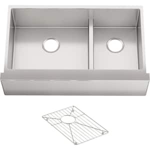 Strive Farmhouse Apron Front Undermount Stainless Steel 36 in. Double Basin Kitchen Sink with Basin Rack
