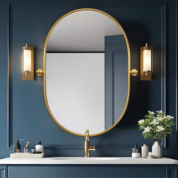 24 in W x 31 in. H Oval Metal Bathroom Mirror Pivoting Accent Mirror for Living Room Bathroom Bedroom Entryway Gold
