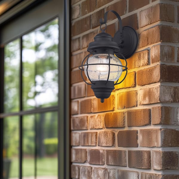 Bel Air Lighting Catalina 13.5 in. 1-Light Black Outdoor Wall Light Fixture with Seeded Glass