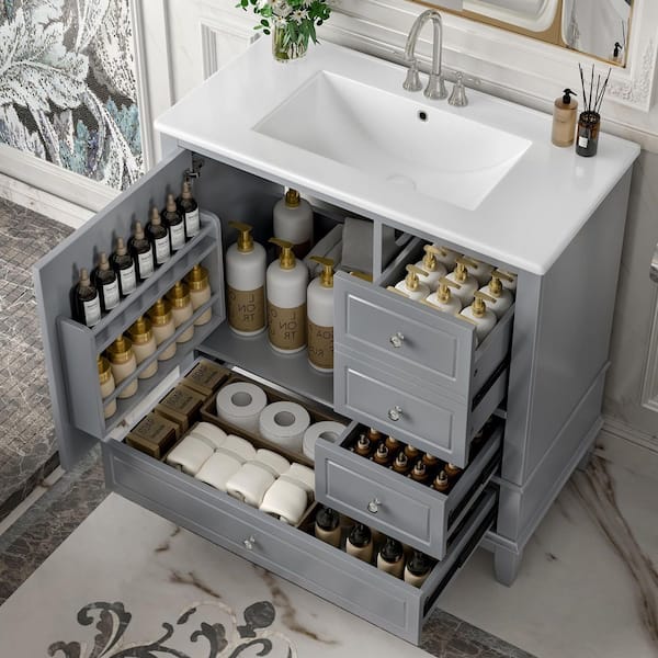 36 in. Freestanding Gray Solid Frame Bath Vanity Cabinet with White Ceramic Basin Top and Multi-Size 3-Drawer