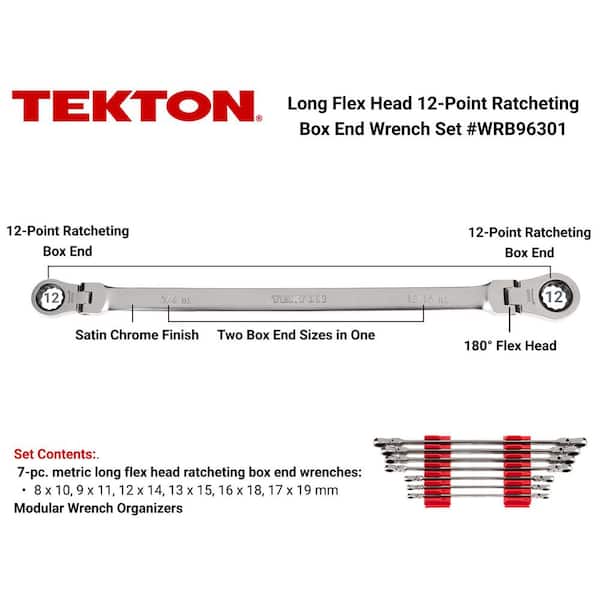6 mm-19 mm Long Flex Head 12-Point Ratcheting Box End Wrench Set with Modular Slotted Organizer (7-Piece)