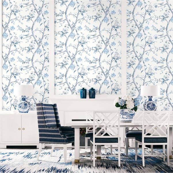 LILLIAN AUGUST Luxe Retreat Eggshell and Blue Shale Southport Floral Trail  Paper Non-Pasted Wallpaper (Covers  sq. ft.) LN11102 - The Home Depot