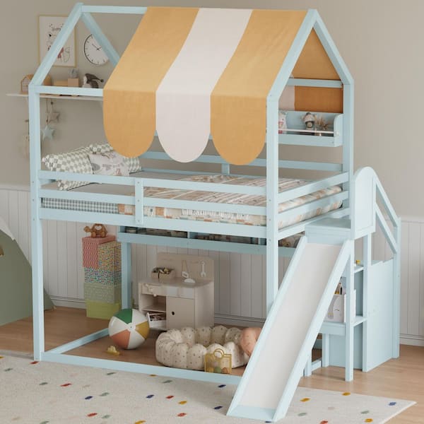 Light Green Full Size Wood House Loft Bed with Canopy, Slide and Built-In Bookshelves