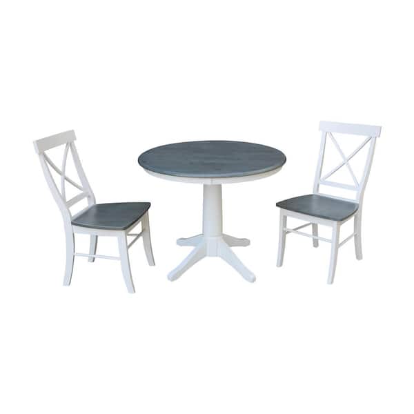 International Concepts Olivia 3-Piece 36 in. White/Heather Gray Round Solid Wood Dining Set with X-Back Chairs