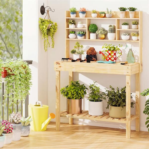 Wooden Bench Plant Bench Indoor Outdoor 66"" Farmhouse Potting Bench Wooden  Workstation With