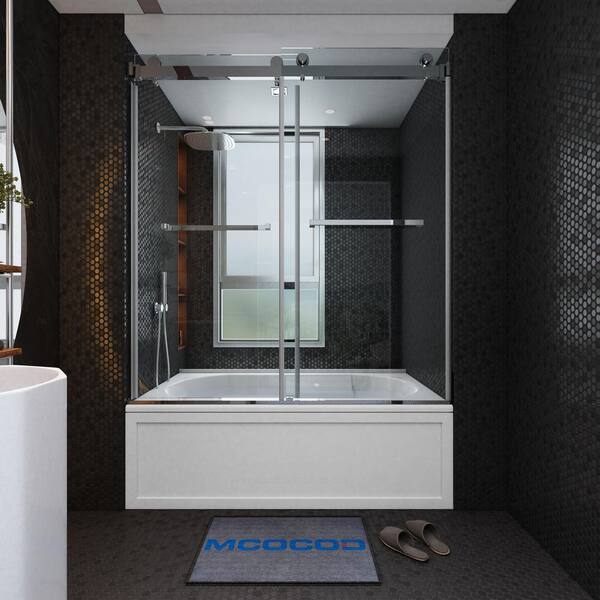 MCOCOD 60 in. W x 66 in. H Double Sliding Frameless Tub Door in Chrome with Smooth Sliding and 3