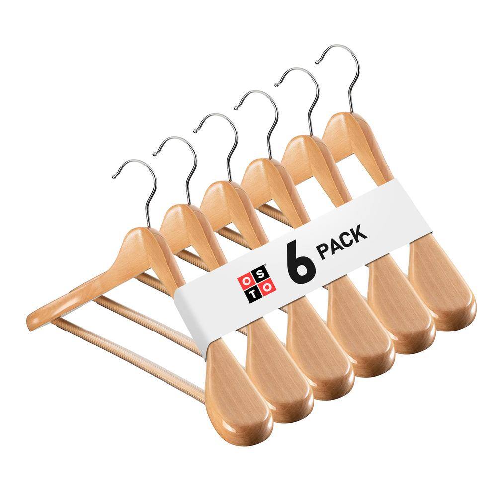 OSTO Natural Wooden Suit and Coat Hanger with Grooved, Non Slip Pant Bar 6Pack OW1206NATH