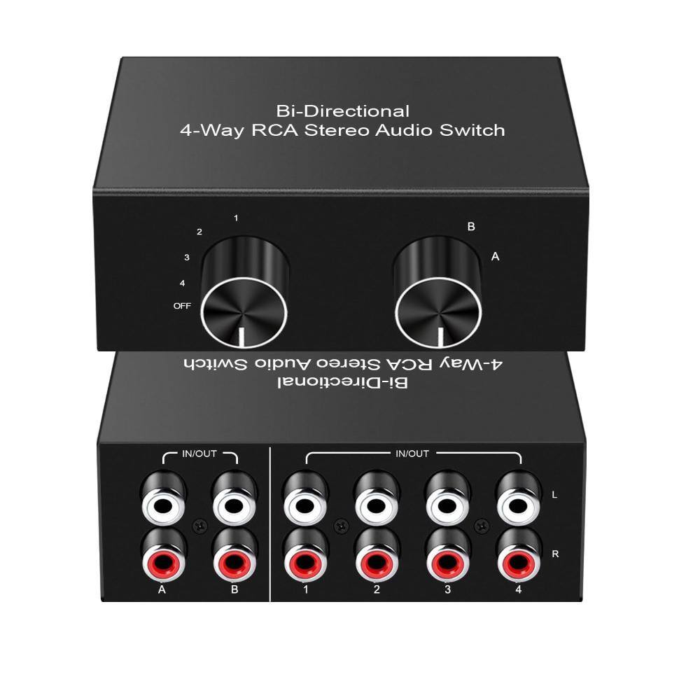 4 Way Bi Directional RCA Stereo Selector 2 In 4 Out or 4 In 2 Out Audio Speaker Selector Switch 5.31 x 4.49 x 1.85