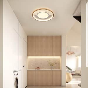 15.75 in. White and Wood Dimmable Integrated LED Modern Novel Double Circle Shape Flush Mount Ceiling Light with Remote