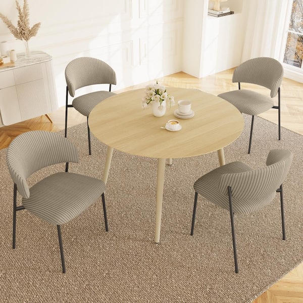 GOJANE 5-Piece 43.3 in. Modern Round Dining Table with 4-Corduroy Chairs (Table Plus 4-Grey Shell Chairs)