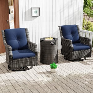 3-Piece Wicker Outdoor Patio Fire Pit Swivel Rocking Chair Set with Blue Cushions and Round Fire Pit Table