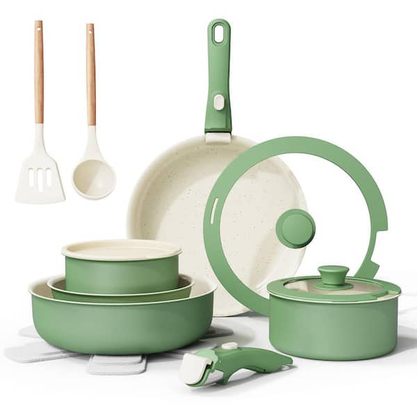 Multi-Pots Aluminum 17-Piece Green Ceramic Nonstick Cookware Set Induction Ready Removable Handle Stain Resistant