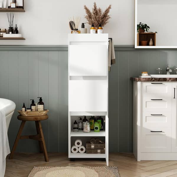 15.7 in. W x 15.7 in. D x 50.8 in. H White Wood Freestanding Bathroom Linen Cabinet with Drawer and Cabinet