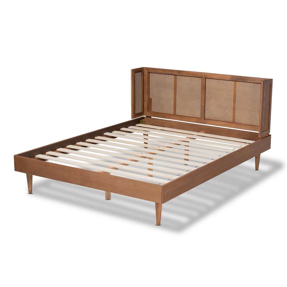 Mid-Century Walnut Queen Platform Bed with Synthetic Rattan Headboard