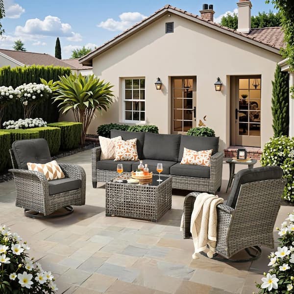 Aurora 5-Piece Wicker Patio Conversation Sofa Set with Swivel Rocking Chairs and Black Cushions