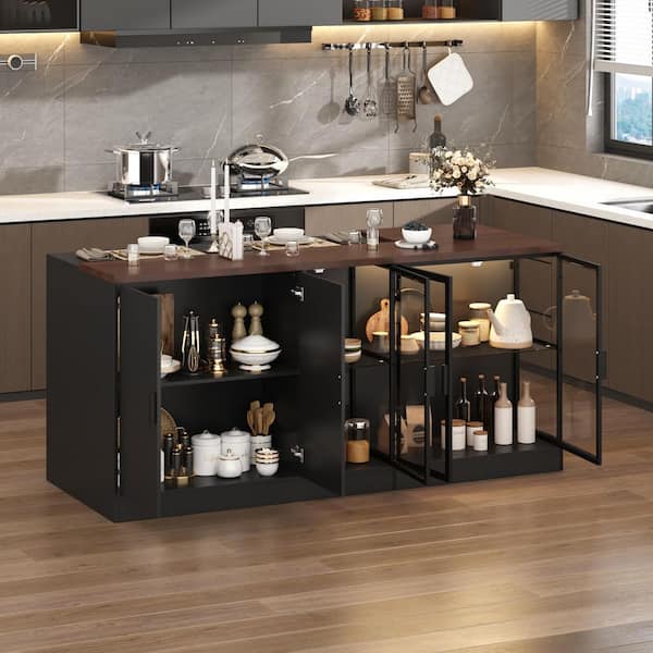 Brown Wood 77.6 in. W Kitchen Island Dining Bar Table With Table Top and LED Lightd, Glass Door Cabinet, 3 Drawers