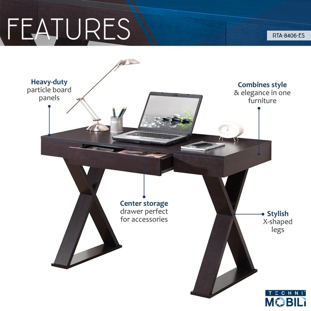 Espresso Wood Executive Writing Desk with Drawer and X-Base