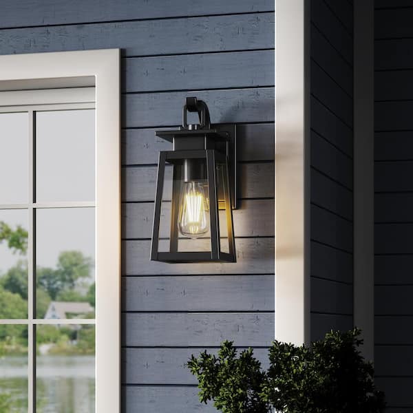 1-Light 10.5 in. Small Black Hardwired Outdoor Tapered Wall Lantern Sconce with Clear Glass