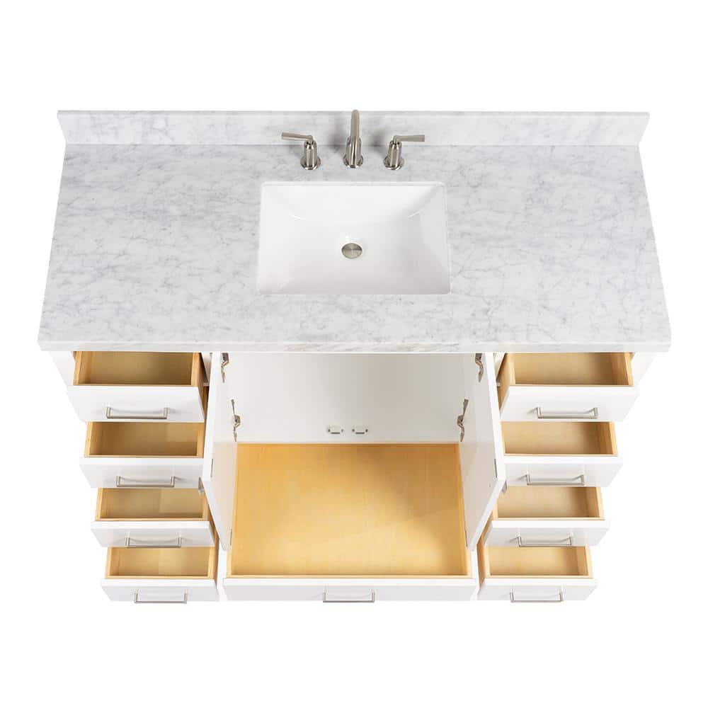 Cambridge 54'' White Wood Single Sink Vanity with Carrara Marble Top