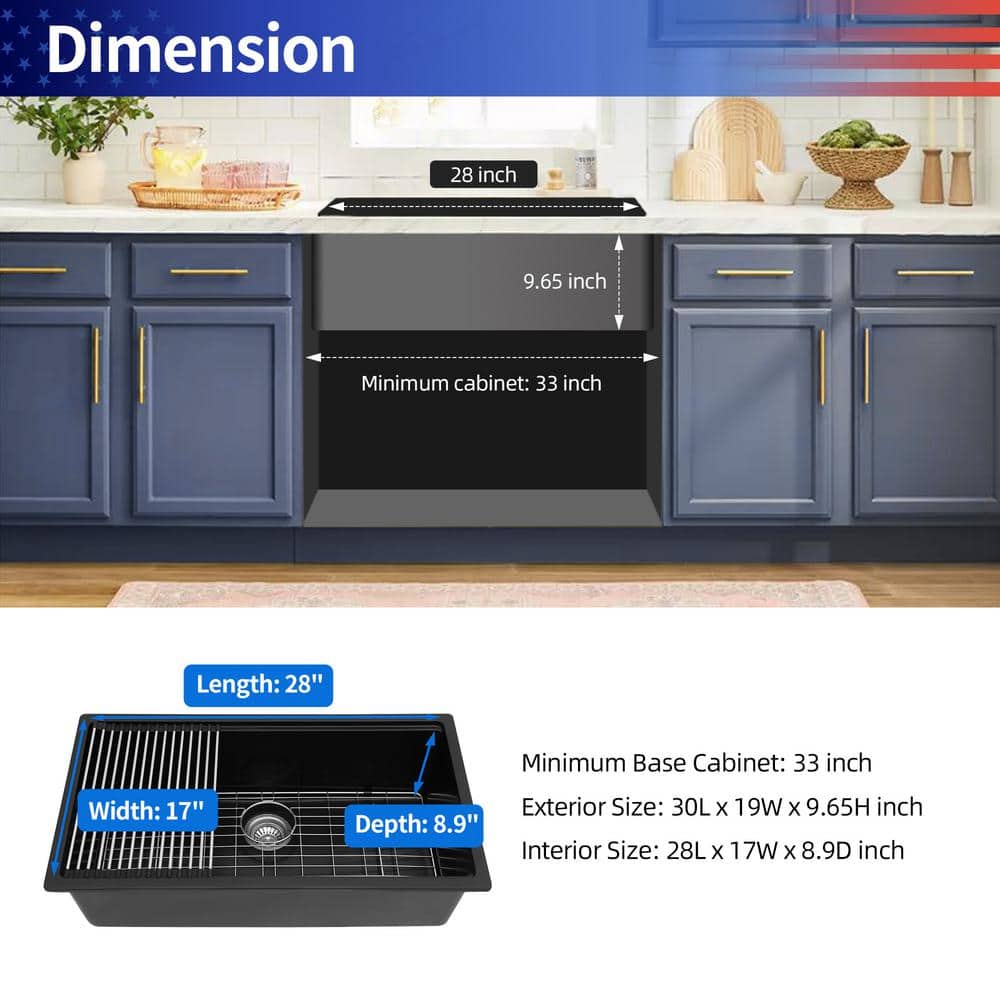 30'' Black Quartzite Undermount Single Bowl Kitchen Sink