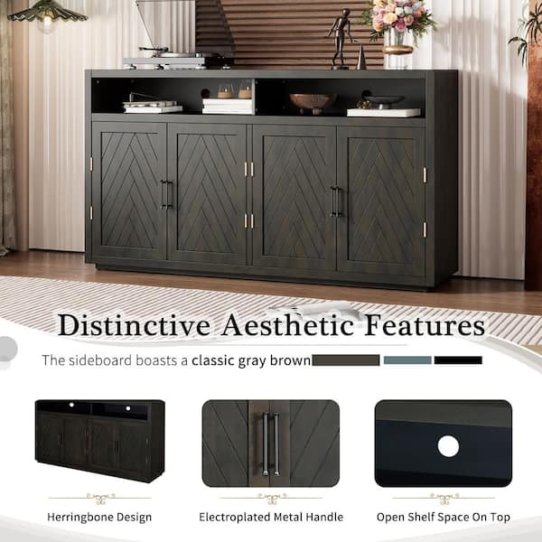 Runesay 60 in. W x 15.7 in. D x 33.36 in. H in Gray Brown MDF Ready to Assemble Floor Base Kitchen Cabinet Sideboard