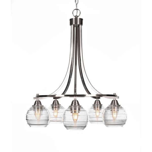 Unbranded Madison 5-Light Brushed Nickel Round Chandelier with 6 in. Clear Ribbed Glass Shades, No bulbs included