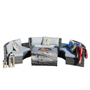 Davis Half Moon Grey 6-Piece Wicker Outdoor Sectional Set Patio Fire Pit with Grey Cushions