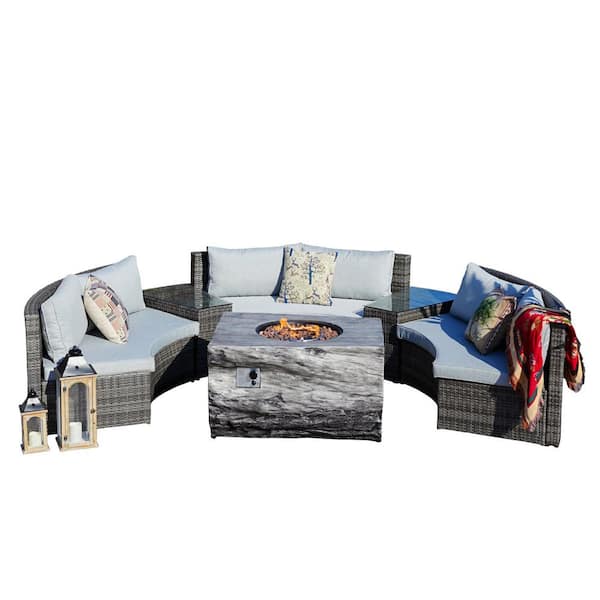 DIRECT WICKER Davis Half Moon Grey 6-Piece Wicker Outdoor Sectional Set Patio Fire Pit with Grey Cushions