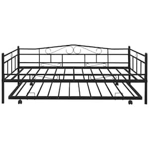 Black Metal Frame Twin Trundle Daybed with Vintage Look and Full-Length Guard