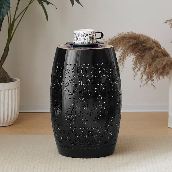 12 in. Ceramic Tile Iron Side Table -Black, for snacks, beverages, and plants, perfect for indoor and outdoor use