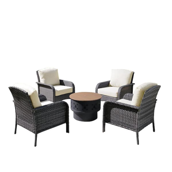 Denali Gray 5-Piece Wicker Outdoor Patio Conversation Chair Set with a Wood-Burning Fire Pit and Beige Cushions