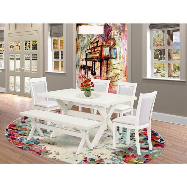 East West Furniture 6-Piece Rectangle Wire Brushed Linen White Finish Solid Wood Top Dining Table with 1-Bench, 4-Chairs with Lattice Back