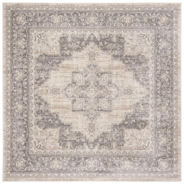 SAFAVIEH Brentwood Cream/Gray 10 ft. x 10 ft. Square Floral Medallion Border Area Rug