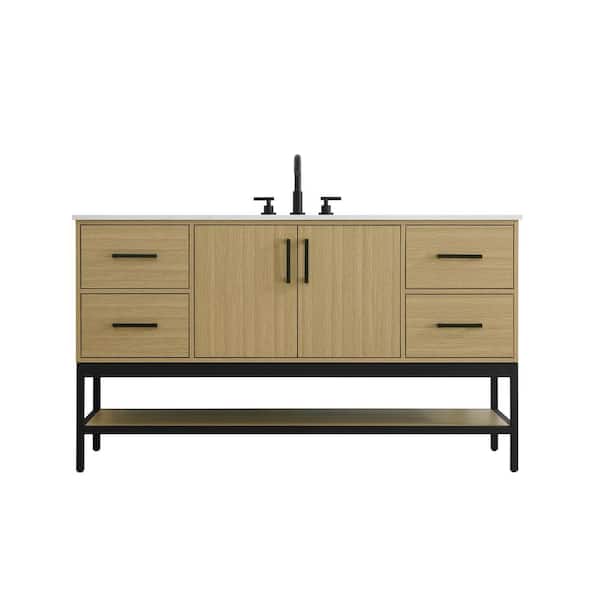 60 in. Single Sink Honey Brown Bath Vanity with White Engineered Marble Top