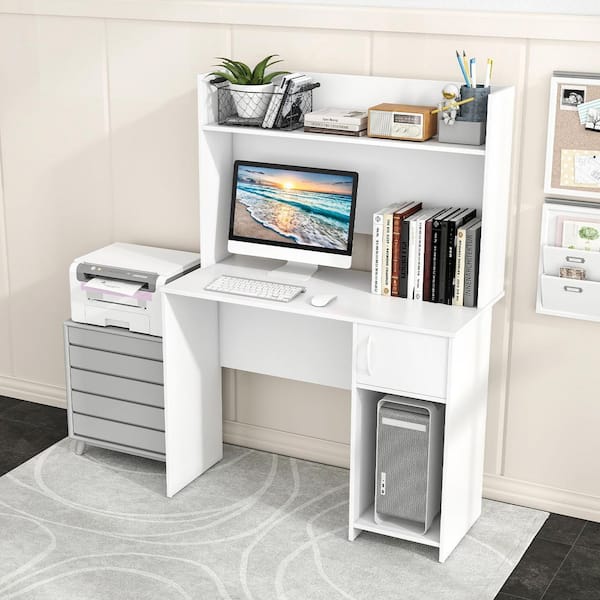 41.5 in. White Computer Desk Home Office Desk with Raised Display Shelf and 2-Open Shelves